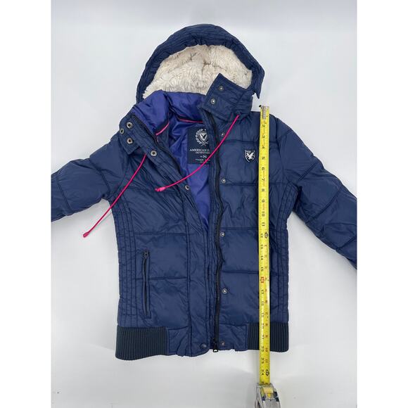 American Eagle Navy Puffer Full Zip Jacket Faux Fur Lines Sherpa Hood Size Small - Picture 8 of 9